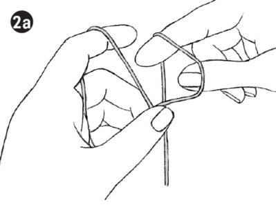black and white illustration of a person reaching fingers through a loop in yarn